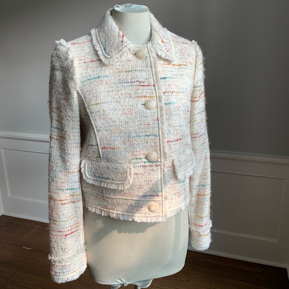 Worth Cream Tweed Cropped Jacket with Multicolor Flecks